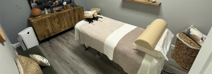 Chiropractic Chesterfield MI Massage Table The massage therapy room. It had tan colored sheets on the bed.